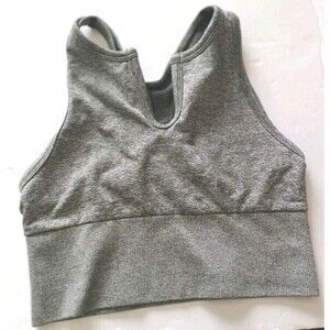 Victoria's Secret PINK Seamless Sports Bra Split Neck Top Size Small Gray Logo